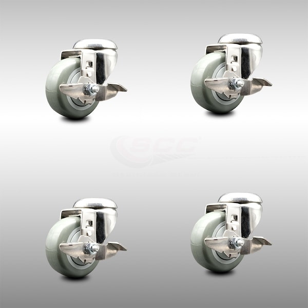 Service Caster 3 Inch 316SS Gray Polyurethane Wheel Swivel Bolt Hole Caster Set with Brake SCC SCC-SS316BH20S314-PPUB-TLB-4 - main